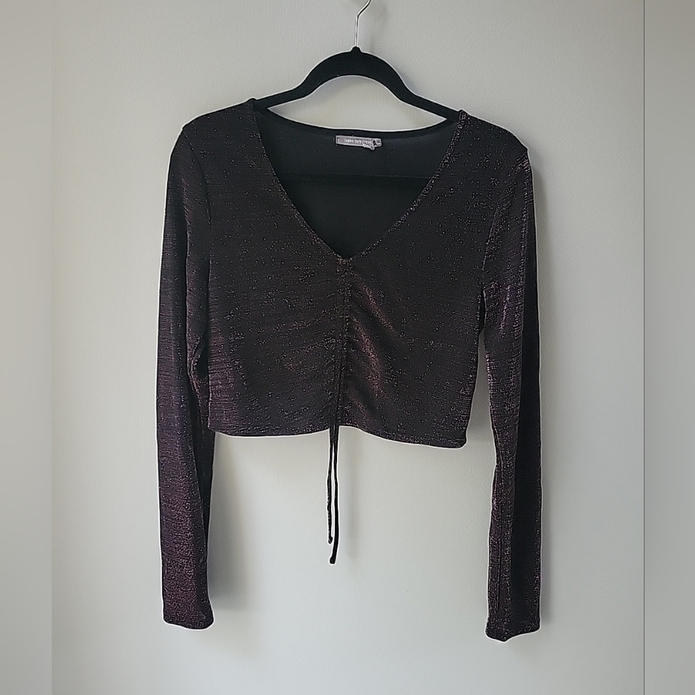 Urban Outfitters Y2k Vneck Sparkle‎ Striped Metallic Tie Front Long Sleeve Top L